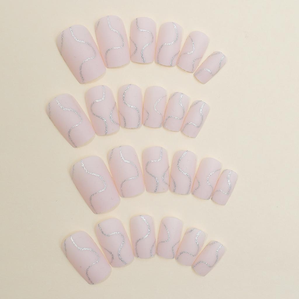 Rectangle Press Nails with Lines and Glitter, Pcs False Nail Tips for Women