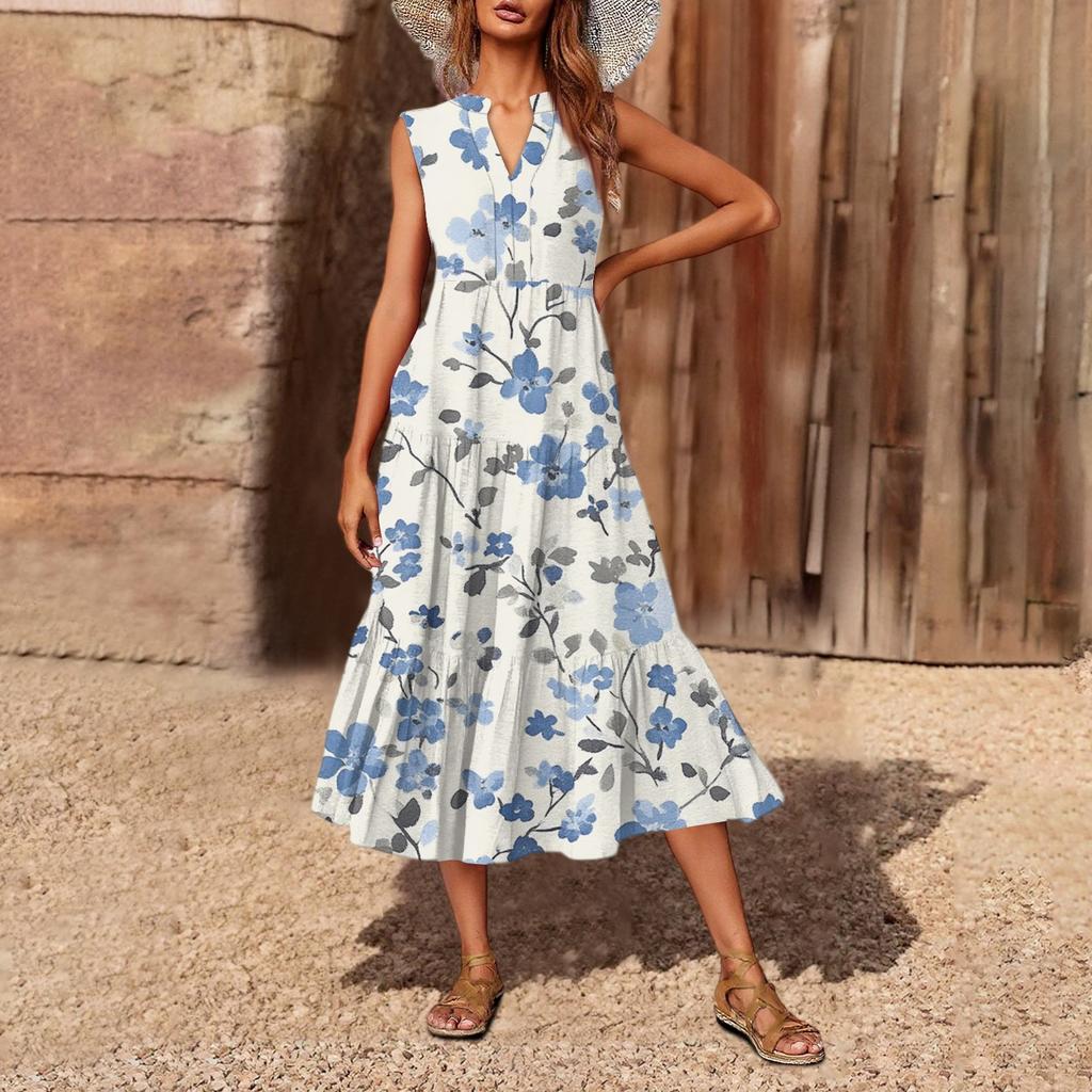 Women's Casual And Fashionable V-neck Sleeveless Printing Mid Length Dress