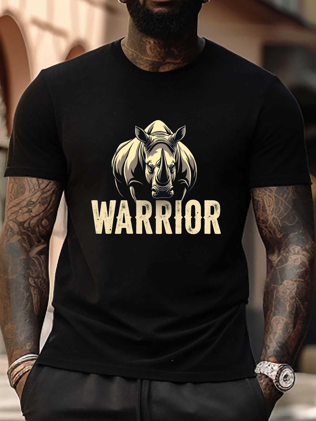 Plus Size Rhino Warrior Graphic T-shirt - Bold Monochrome Art Design L