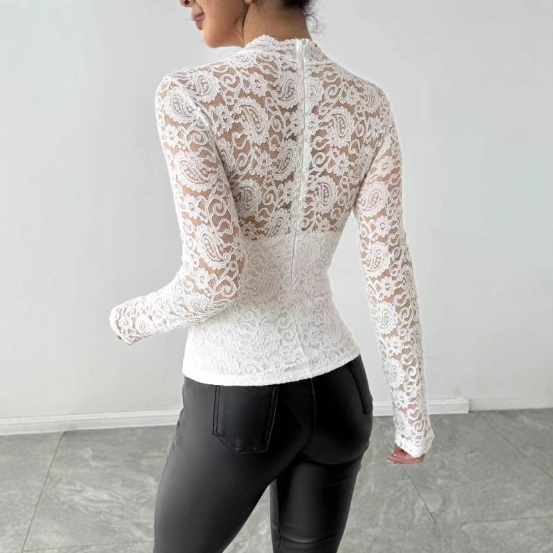 2025 Autumn Winter New Style Lace Stitching Back Zipper Long-sleeved Slim Commuter Top