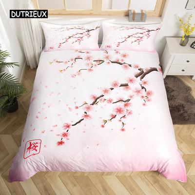 Sada povlaků na přikrývku Cherry Blossoms King v japonském stylu Romantický motiv Růžová sada povlaků na přikrývky Botanická květina s potiskem na přikrývku