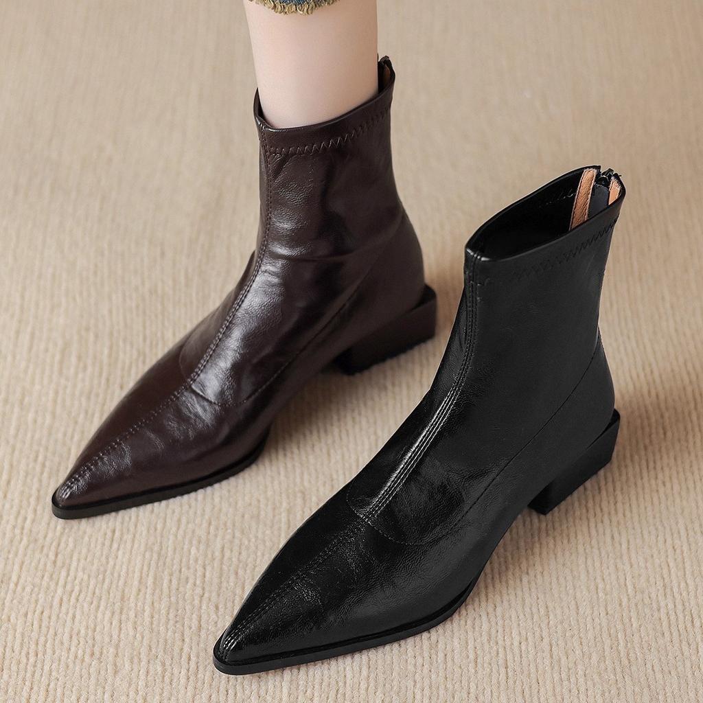 French pointed low heel brown elastic thin boots 2025 autumn and winter new thin short boots women's retro Chelsea boots