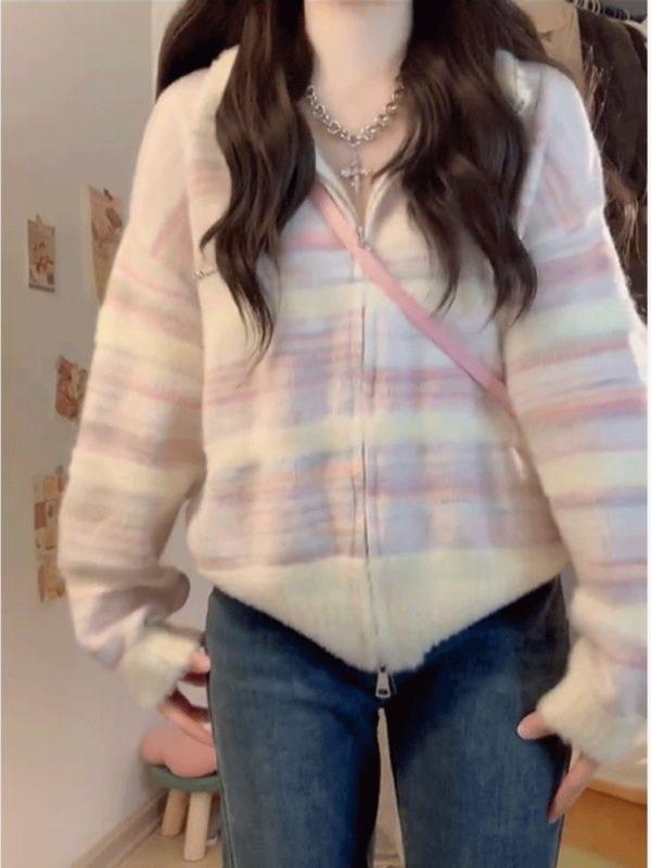 Damen Gestreifter Strickcardigan mit Stehkragen - Frühling/Sommer Weicher Lässiger Pullover Top