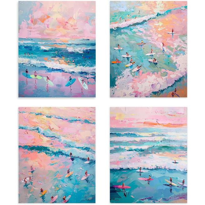 Qabliqo Beach Wall Decor, Summer Beach Surf Wall Art Prints Set of 4, Surf Room Decor, Beach House Decor, Coastal Beachy Nautical Wall Decor for Home Blue Pink Beach