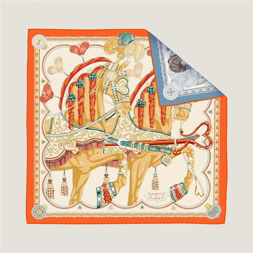 Hand Rolled Twill Silk Scarf Women Two Horse Double Print 90cm Square Scarves Wraps Echarpes Foulards Femme Hijab