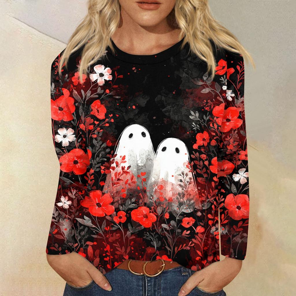 Modisches, lässiges Langarm-Oberteil mit Rundhalsausschnitt und Halloween-Print für Damen