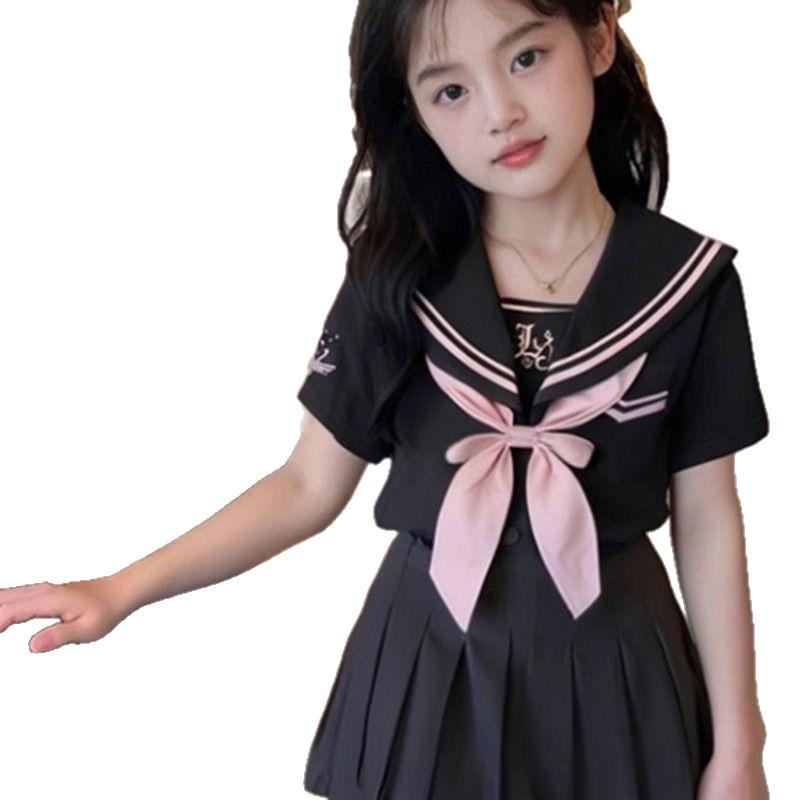 Girls' Academy Style Sailor Suit: Navy Collar Bow Shirt & Skirt Set