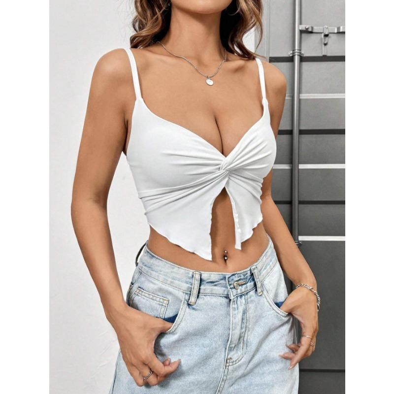 Women Sexy Slim Fit Slit Design Solid Twisted Single Strap Crop Camisole Top