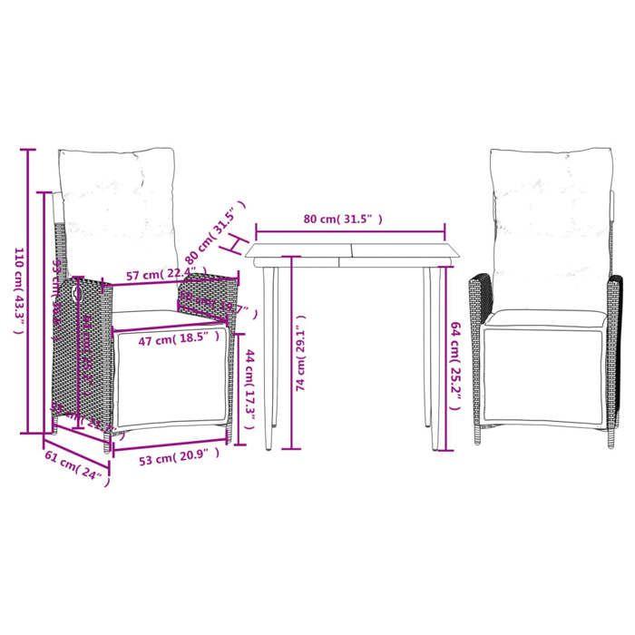 VidaXL Ensemble à Manger de Jardin avec Coussins 3 pcs, Table et Chaises avec Dossier et Repose-pied Réglables, Meubles 3213462