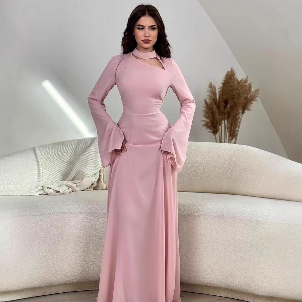 

Европейское и американское однотонное платье с длинным рукавом, облегающее фигуру, для весны и осени M розовый