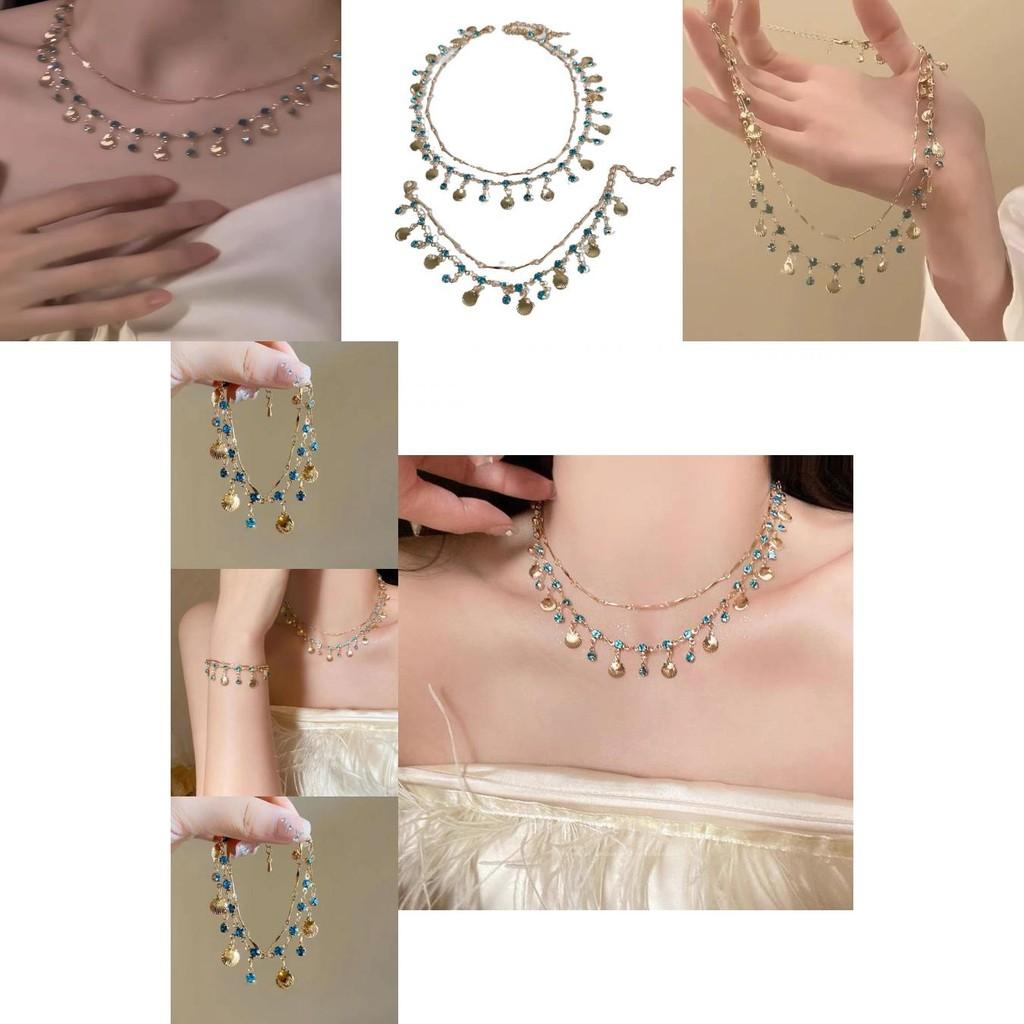 Artistic Blue Shell Necklace With Zircon Elements Exquisite Geometric Design For Women