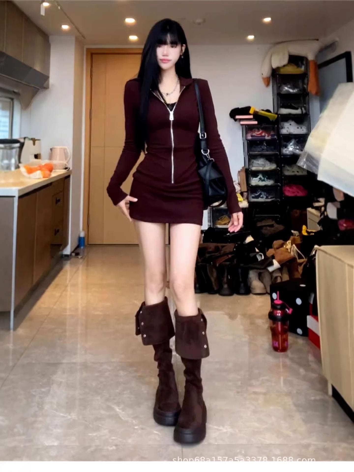 

Korean Retro Long Sleeve Slimming Dress for Women - Autumn/Winter Sexy Youth Style L коричневый