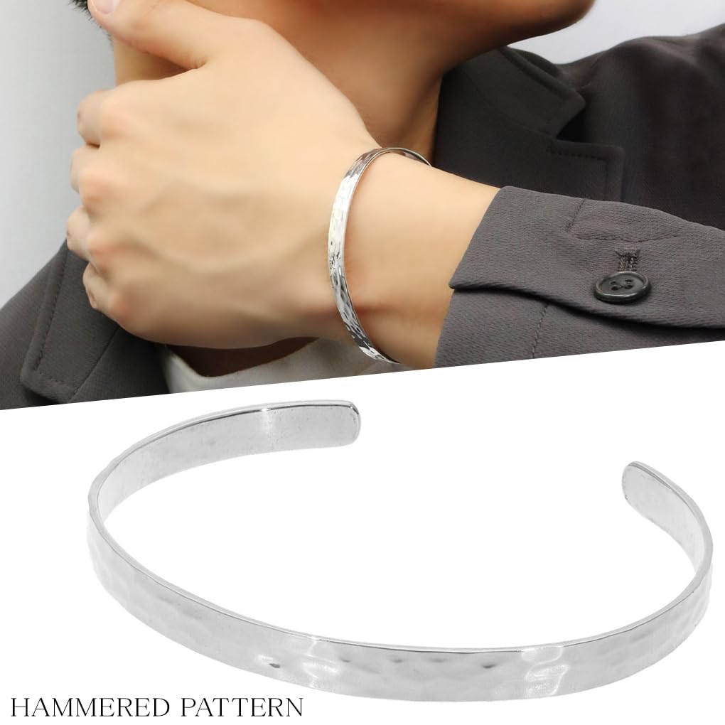[Shinjuku Gin no Kura] Hammered Pattern Simple Silver 925 Bangle Mirrored Finish Bracelet