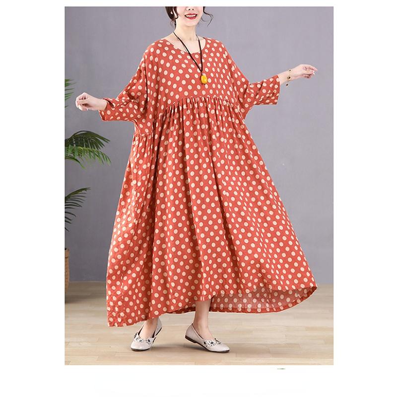 Dimanaf Plus Größe Frauen 2023 Neue Sommer Stil Kleid Lange Hülse O-ansatz Floral Lose Kleid Grün Leinen Grund Kleider