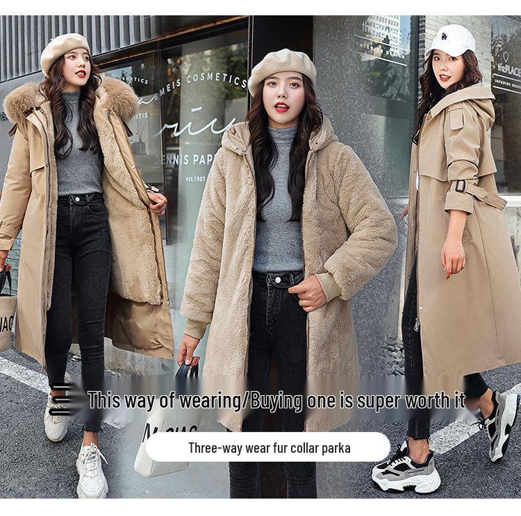 Women's Korean Style 3-in-1 Reversible Long Cotton Parka with Removable Liner and Slimming Waist