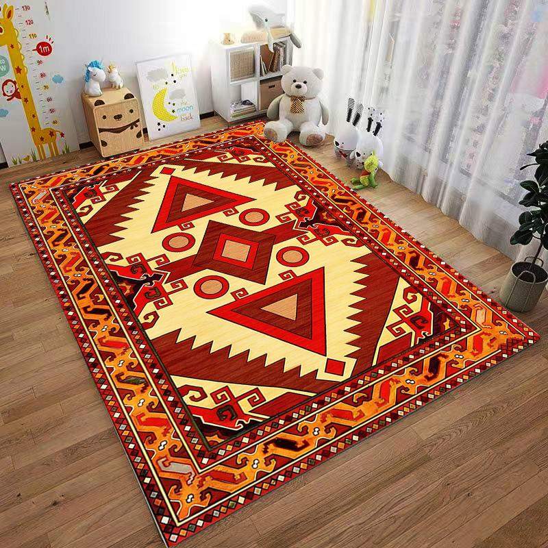 Geometric Boho Tribal-Style Carpet, Red and Yellow Ethnic Pattern Rug Suitable for use as an anti-slip for living room bedroom sofas