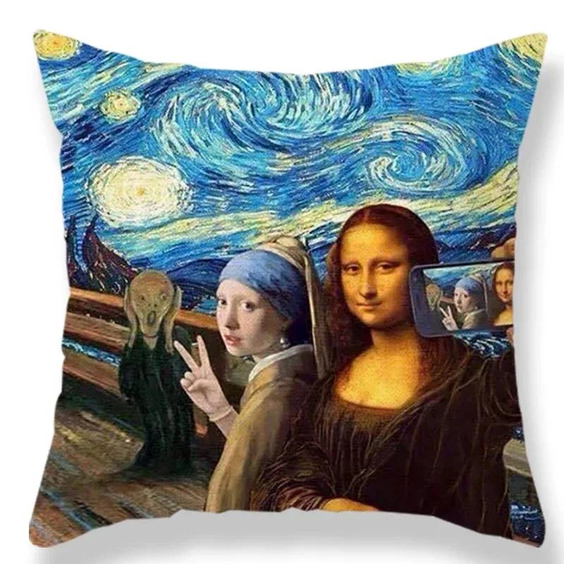 Oil Painting Portrait Decorative  Linen Cushion Cover Mona Lisa Print Pillow Case For Sofa Chair Home Decor Gift 45x45cm