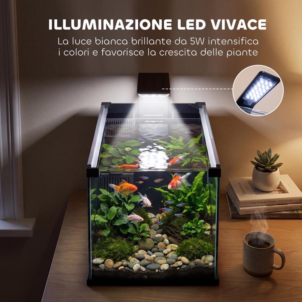 24L Tempered Glass Home Aquarium with Integrated Filter and LED Light, 45x25x25.5 cm, Black