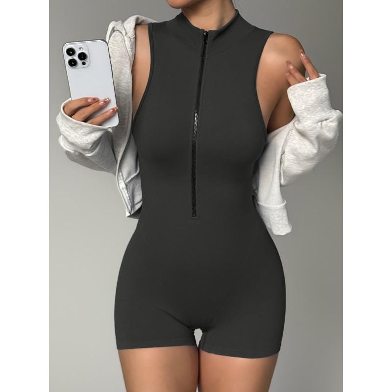 Womens Seamless Yoga Jumpsuit With Zipper Front Short Sleeve Sportswear Gym Running Fitness Dance