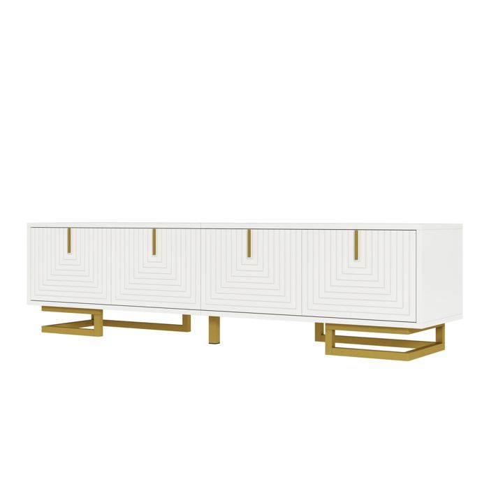 TV Cabinet, White, with 4 Textured Doors, Gold Handles and Legs, Living Room Furniture, 160 X 38 X 44 Cm