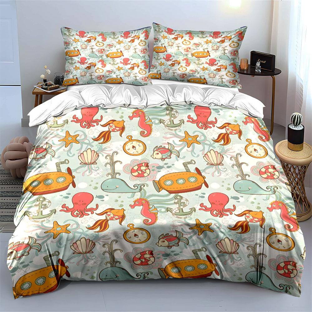 Underwater Cartoon Sea Pattern Bedding Duvet Cover Set  (1*Duvet Cover 2*Pillowcases, without duvet insert)