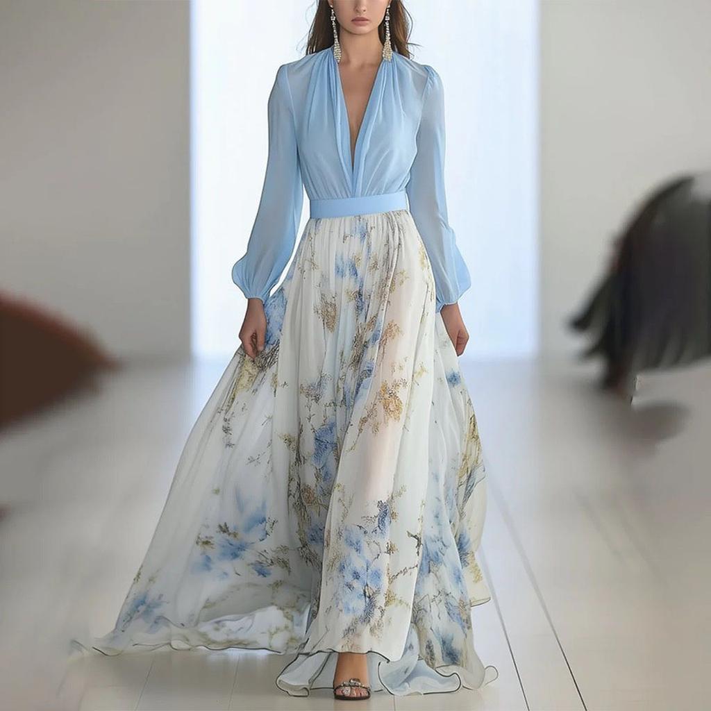 Ladies' Casual And Fashionable Solid Color Printed Patchwork V-neck Long  Dress
