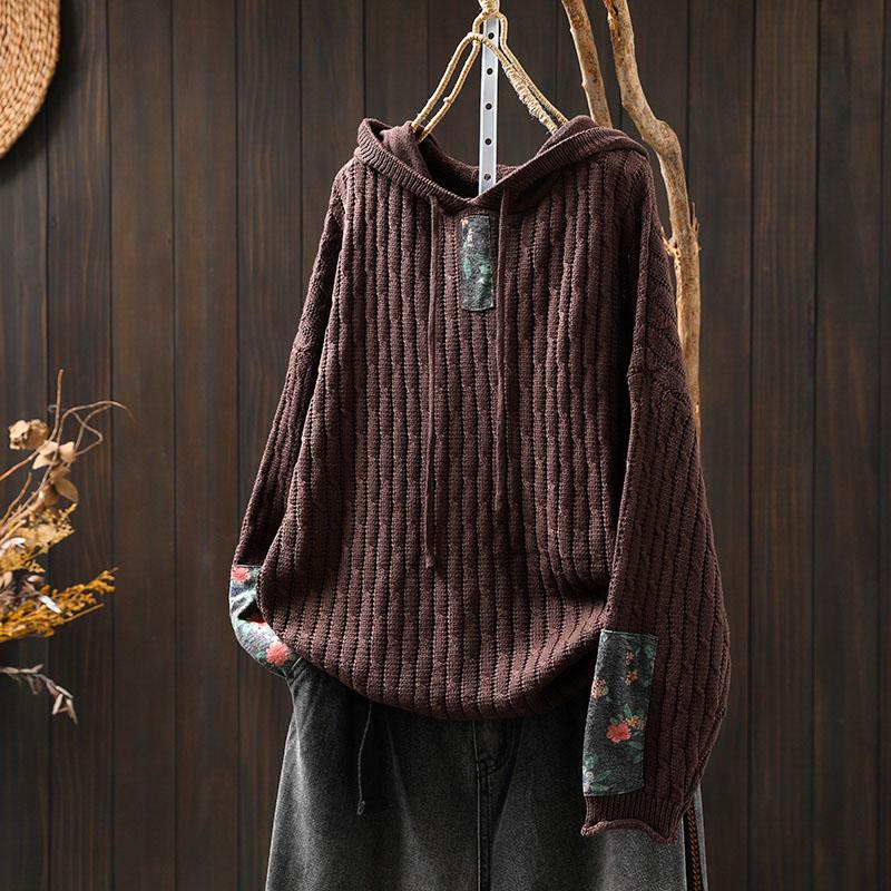 Women's Retro Ethnic Drawstring Hooded Appliqué Knit Cotton Sweater - Loose Plus Size for Spring & Autumn
