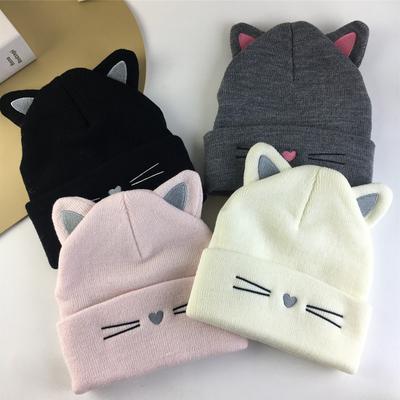 Lovely Cat Ear Hats For Women Knitted Winter Hat Soft Warm Crochet Lady Cap Solid Color Casual Beanie