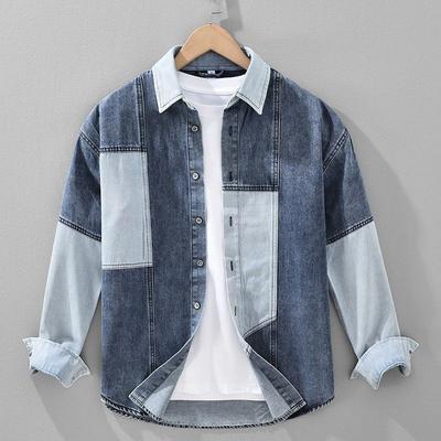 Außenhandelsüberschuss Amerikanisch Cooler Patchwork Color-Block Denim-Hemd für Herren, Langarm, Neues Lässiges Hemd Jacke für Frühling und Herbst