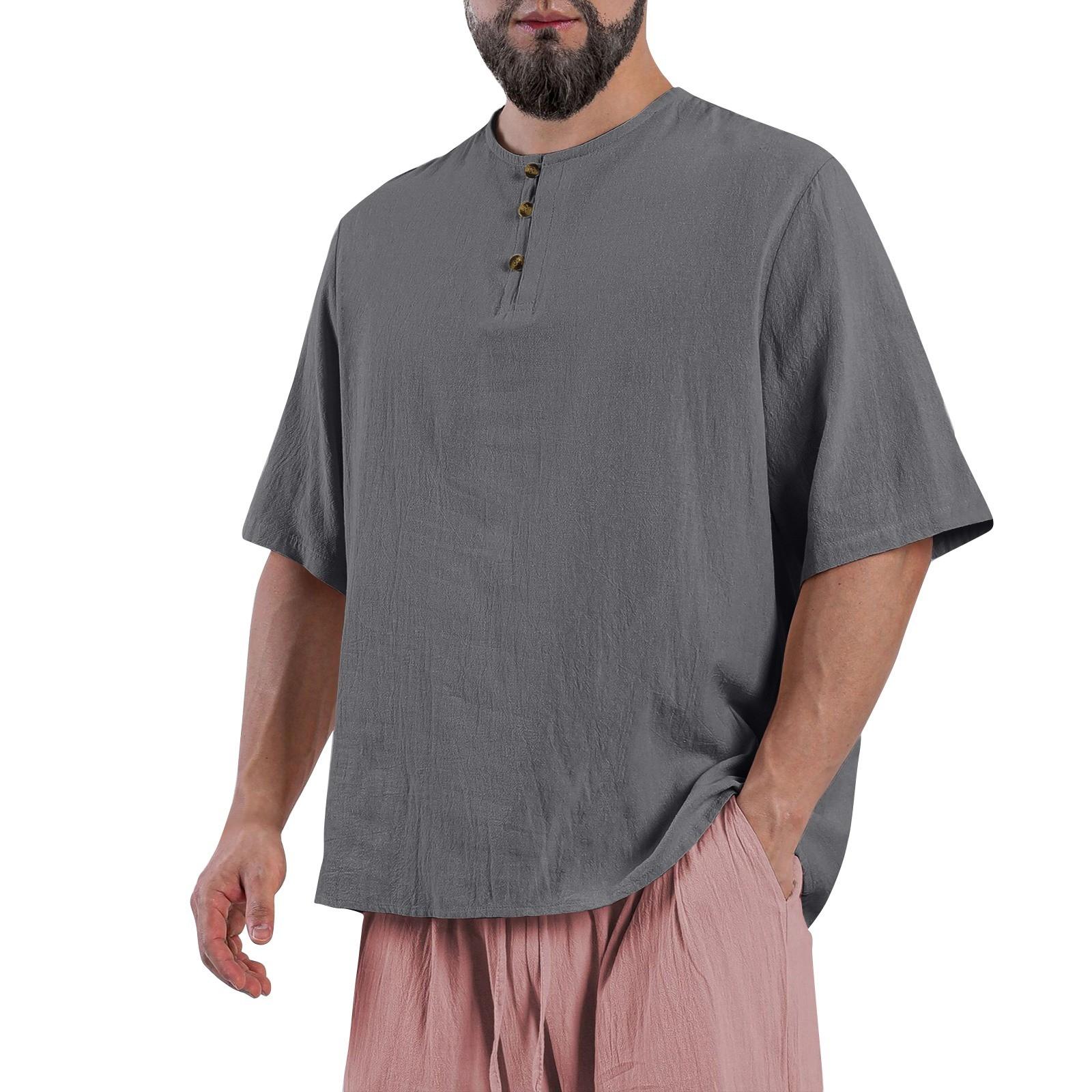 

Мужская однотонная рубашка из хлопка и льна с воротником-стойкой и карманами, с рукавом четверть длины и пуговицами L