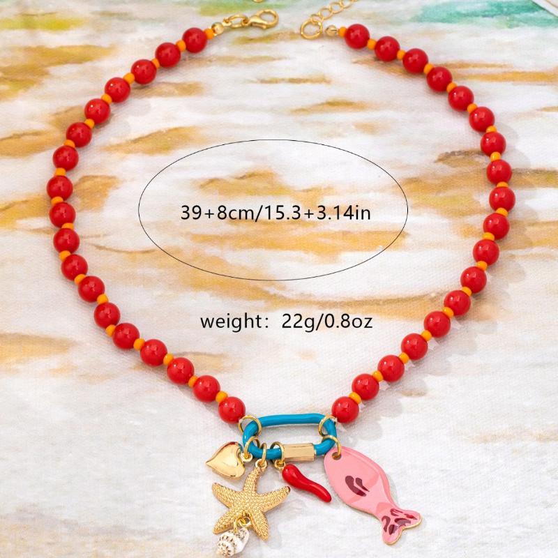 Bohemian Layered Summer Beach Necklace Acrylic Colorful Beads Fish Starfish Charms for Daily Dating Wear