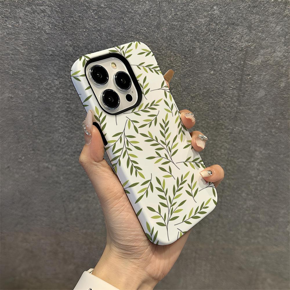 Fresh willow leaf pattern mobile phone case iPhone11 glossy texture protective case Apple 17 two-in-one magnetic film case