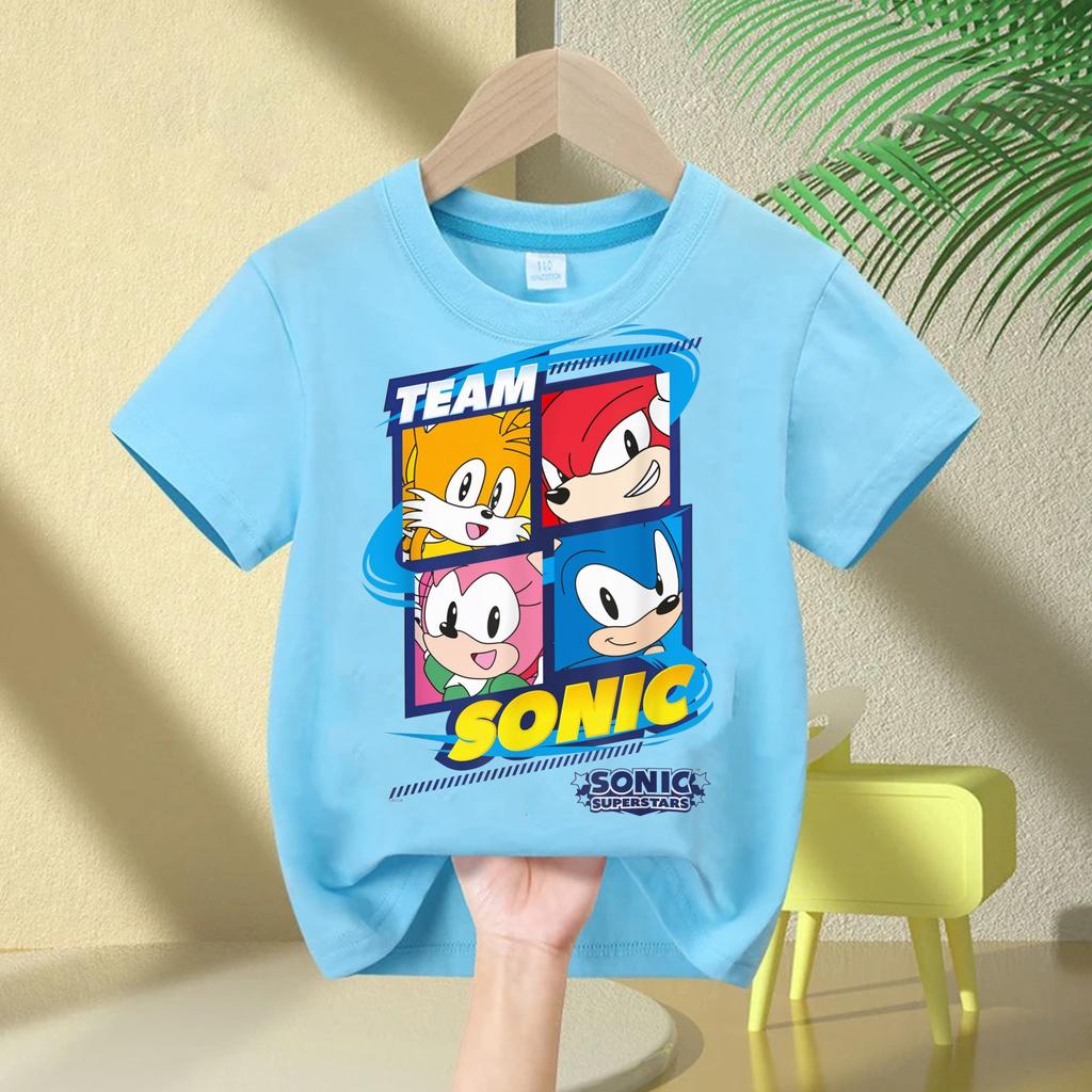 2026 Cartoon Boys' Round Neck Comfortable Short Sleeve Sonic The Hedgehog Children's Pure Cotton T-Shirt Girls' Breathable Top