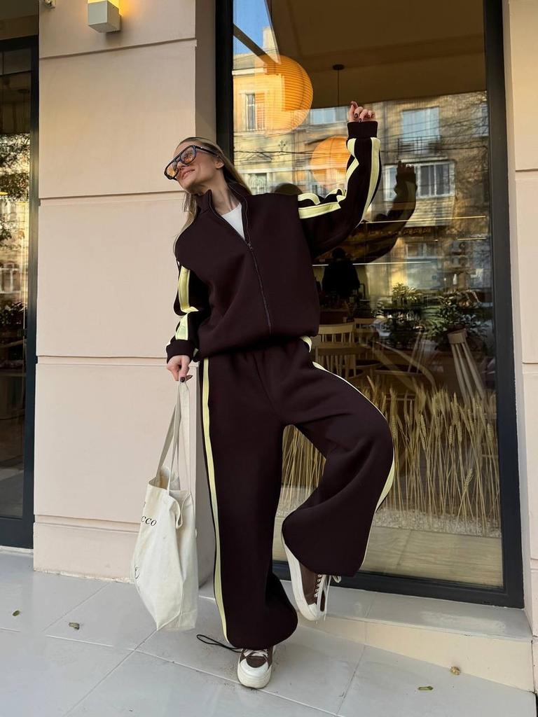 Casual European and American Women's Color Matching Suit Zipper Stand-up Neck Cardigan Jacket Elastic Sweatpants Striped Two-piece Set