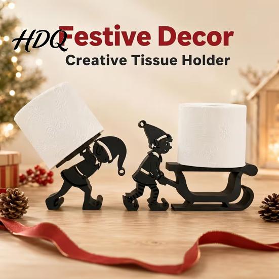 Novelty Paper Roll Storage Christmas Elf Towel Holder 3D Printed Matte Black Tissue Holder Stand Sleigh Silhouette Decorative for Kitchen