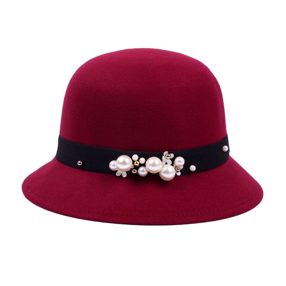 Vintage Women Domed Woollen Hat Adult Fashion Rivets Pearl Decoration Warm Lady Bucket Cap in Winter Autumn Outdoor