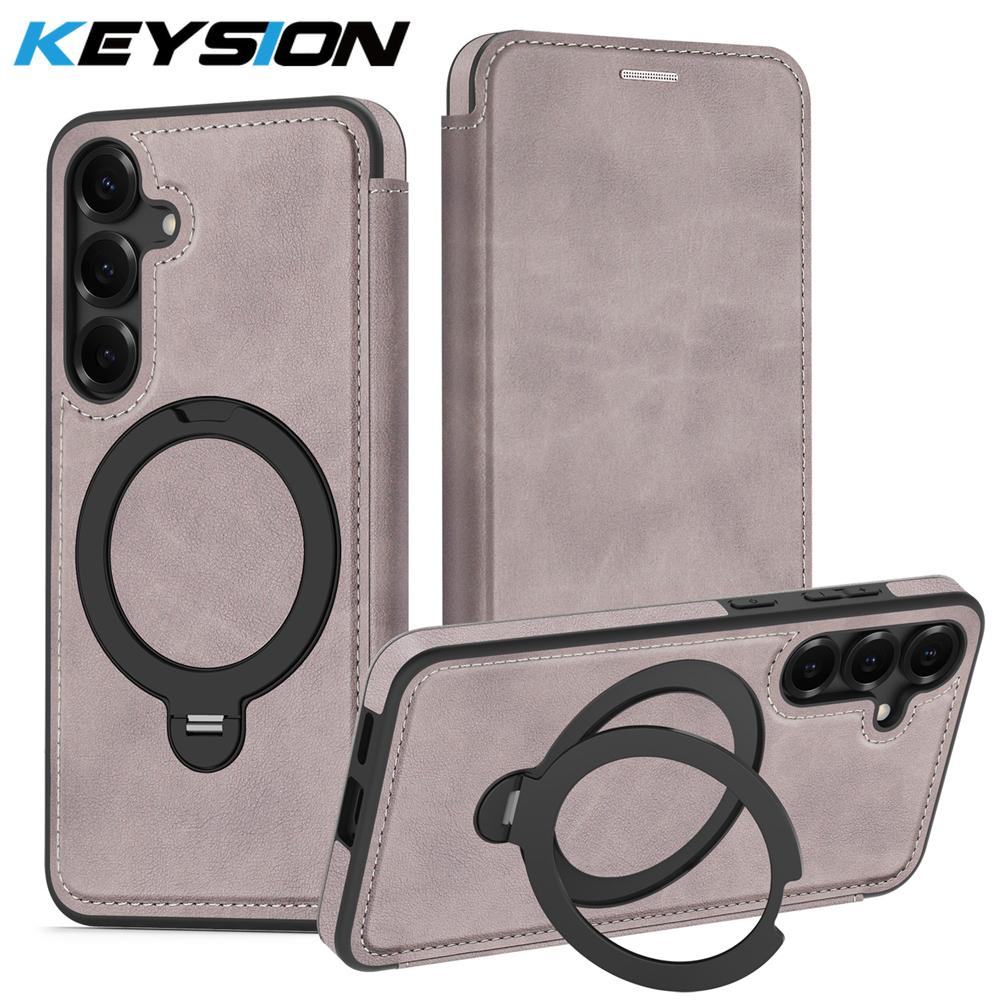 

KEYSION Leather Flip Wallet Case for Samsung Galaxy S25 S26 Ultra 5G S26+ S25 FE Card Slots Magnetic 360 Ring Stand Phone Cover for Galaxy S25 FE сірий
