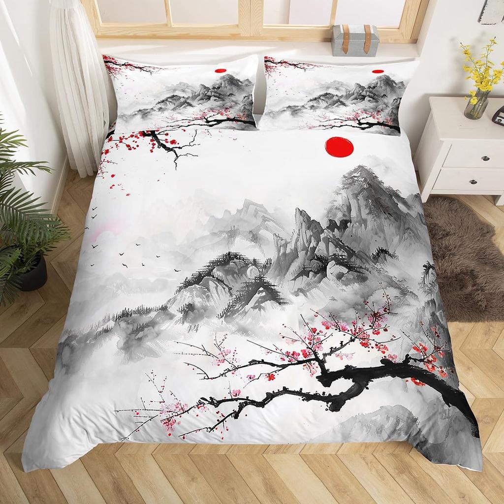Japanese-Style Pink Wave Three-Piece Quilt Cover Digital Printing Bedding Set Bed Cover