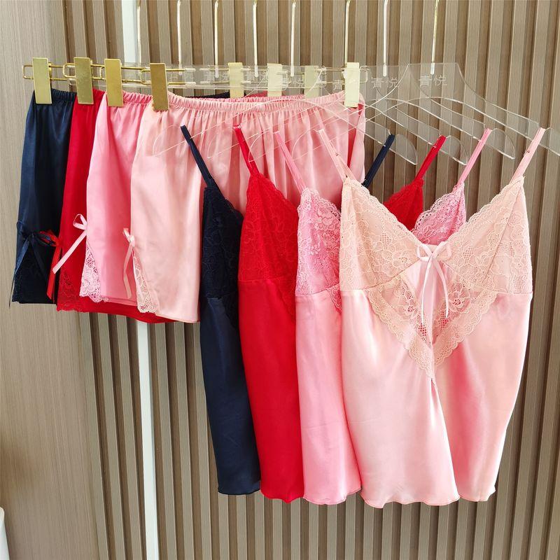 Women's Pajamas Summer Sexy K-style Thin Loose and Cute Ice Silk Strap Night Dress Shorts Two-piece Set Home Wear