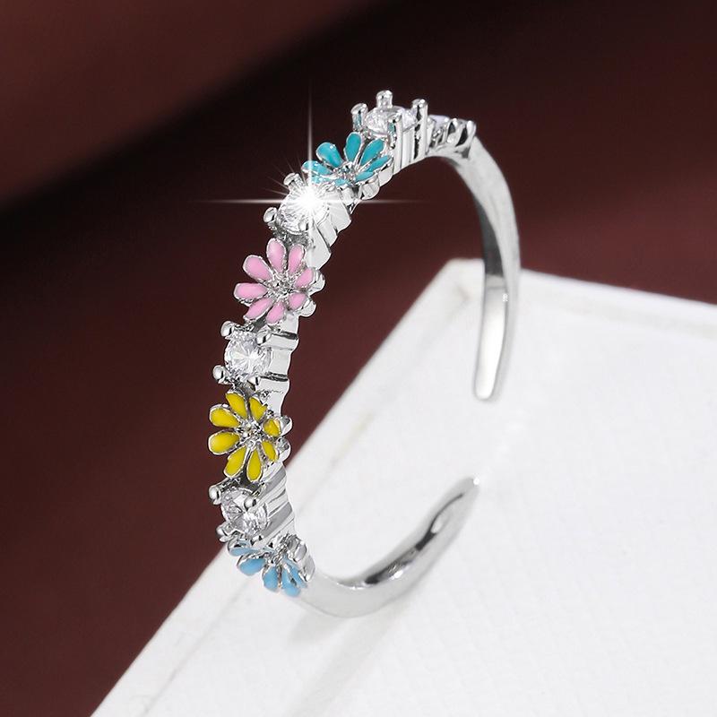 Sweet Romantic Colorful Daisy Zircon Open Ring - Cute Ins Pure Copper Women's Jewelry