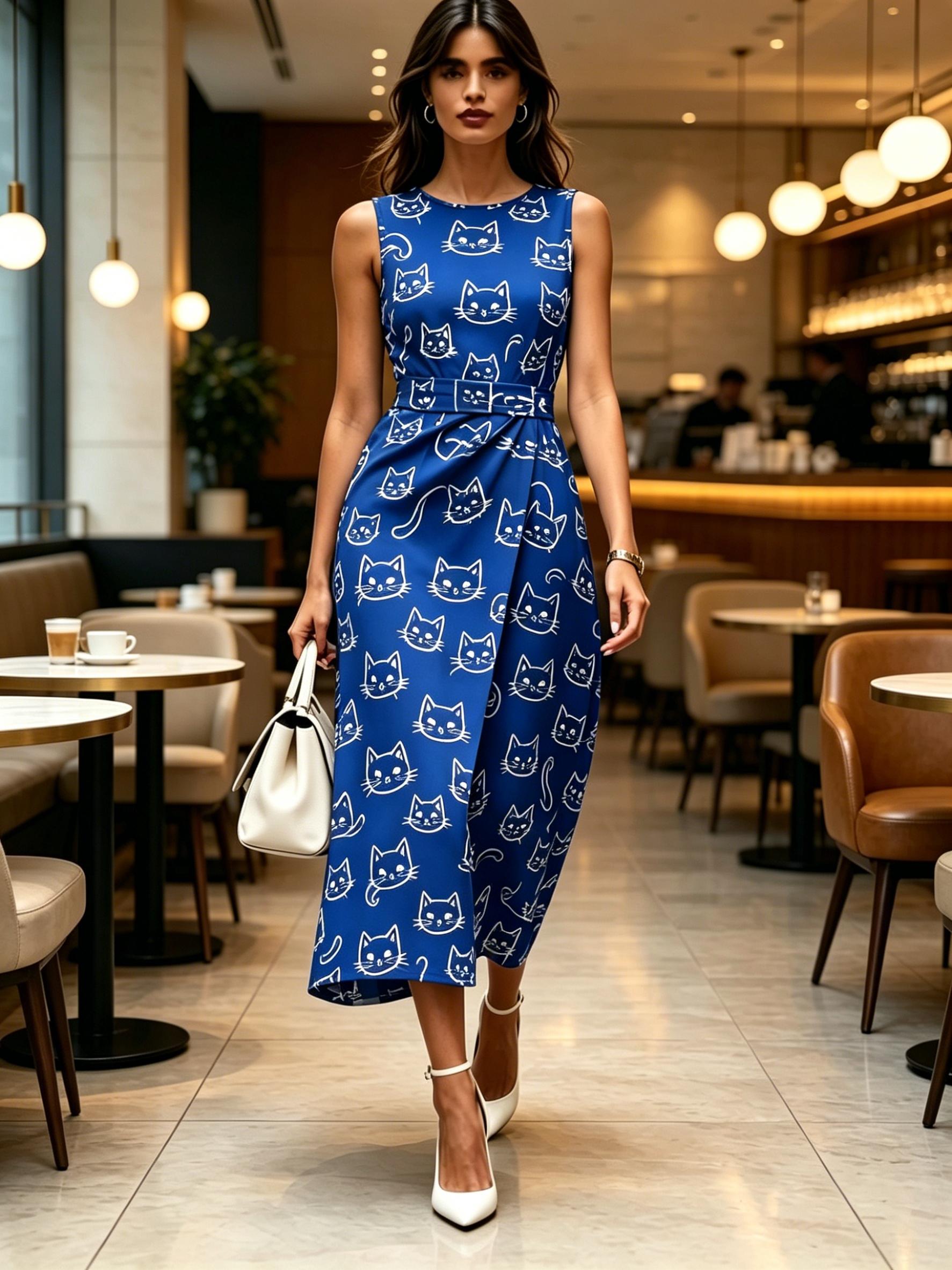 

Round Neck Sleeveless Midi Dress White Cat Print Blue Color Womens Modern Elegant Casual Fashion Spring Summer Autumn Womens Clothing XXL