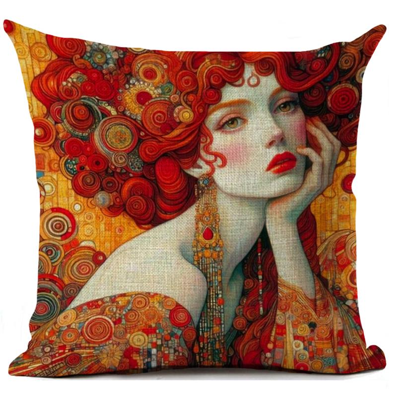 Gustav Klimt Art Theme Decorative Cushion Cover Classic Retro Style Beautiful Women Print Square Durable Linen Throw Pillow Case