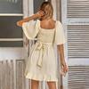 Women Summer Casual V-Neck Short Dress Solid Color A-Line High Waist Above Knee Lotus Leaf Sleeve Spring Dress S-XL