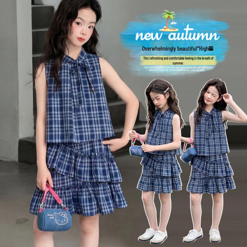 2026 Summer Girls' Sleeveless Plaid Dress - Korean Style Lace-Up Cake Skirt