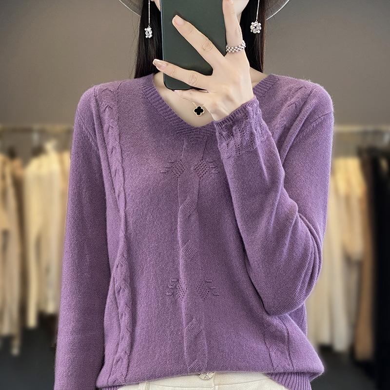 INDFS Damenmode Lässig Herbst Winter Einfarbig Druck Langarm V-Ausschnitt Pullover