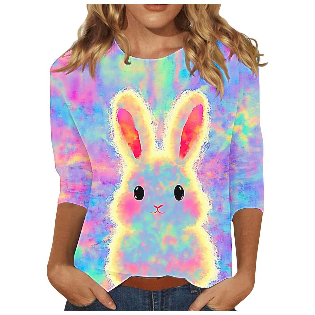 Round Neck 3D Rabbit Printed Top Fashionable Casual Long Sleeved Women's T-shirts