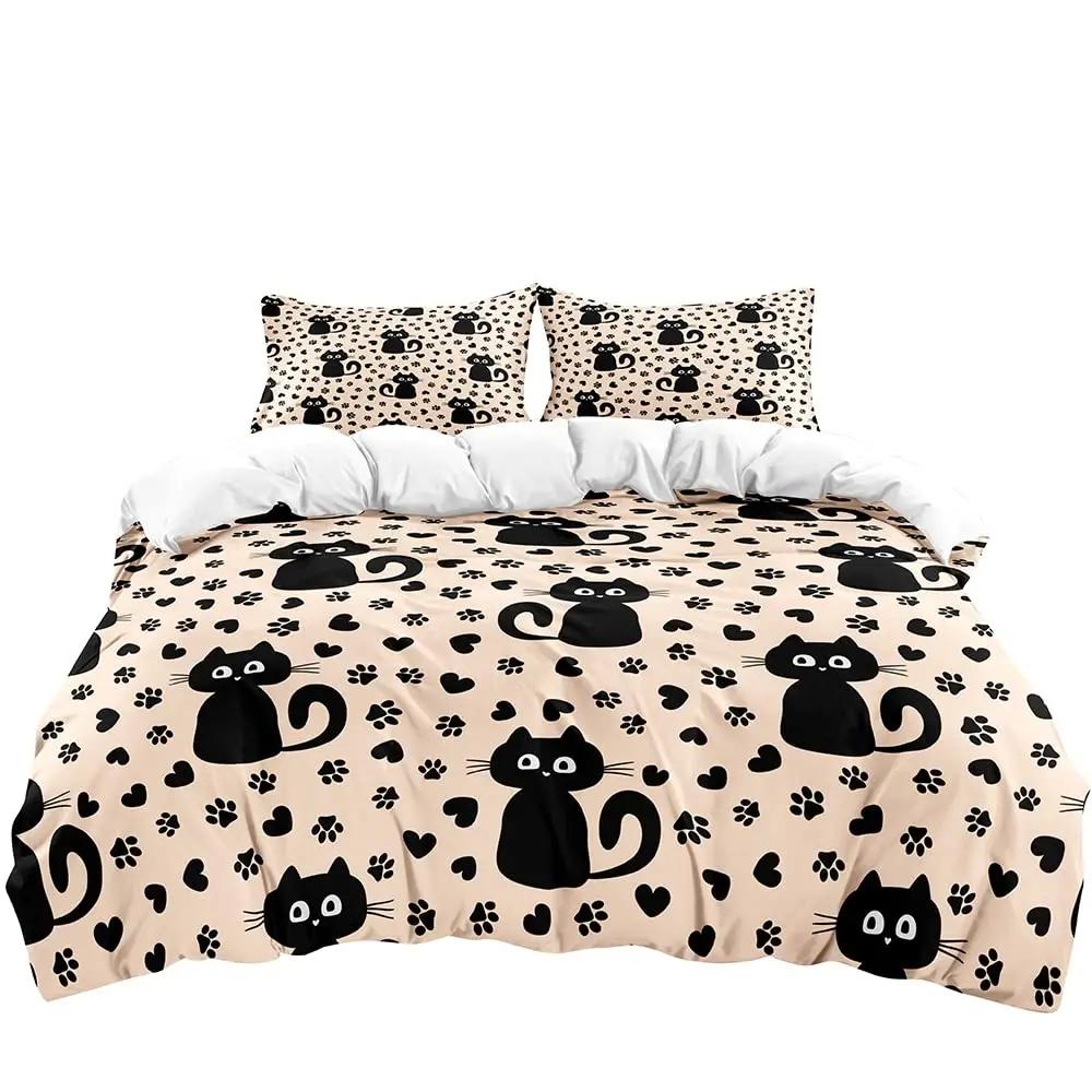 Blue Cartoon Cat Paw Print Duvet Cover For Children Boys And Girls Duvet Cover Cute Pet Cat For Bedroom Decorations Queen King
