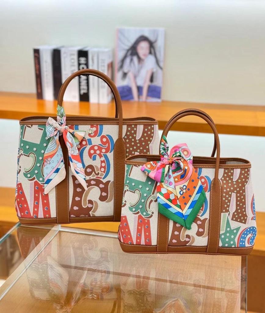 Women's Genuine Leather Garden Tote - 2025 Canvas & Cowhide, Large Capacity, Contrast Color Shoulder Bag