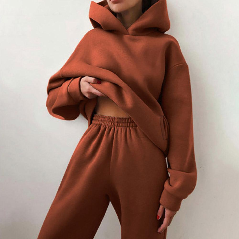 2026 cross-border foreign trade women's clothing, new spring models in Europe, America, solid color casual sports style hooded sweater trousers set