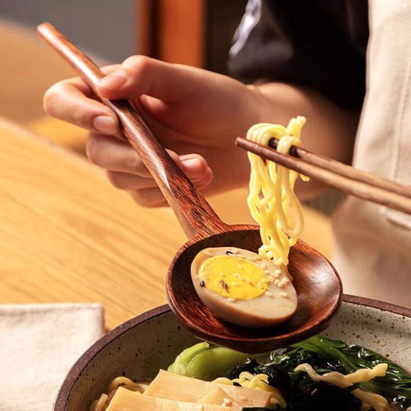 Long Handle Wooden Spoon Ramen Soup Spoon Ladle Kitchen Cooking Spoon Big Wood Serving Tablespoon Japanese Restaurant Tableware